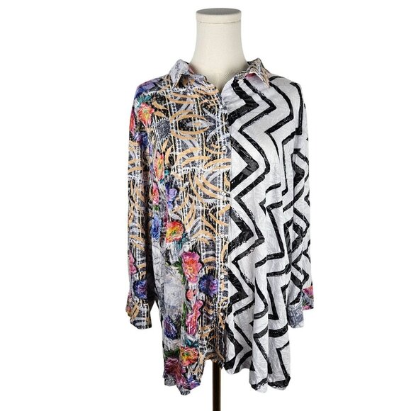 Shana XXL Snap Up Blouse Floral and Chevron Prints Boho Maximalism Artsy - Picture 1 of 12